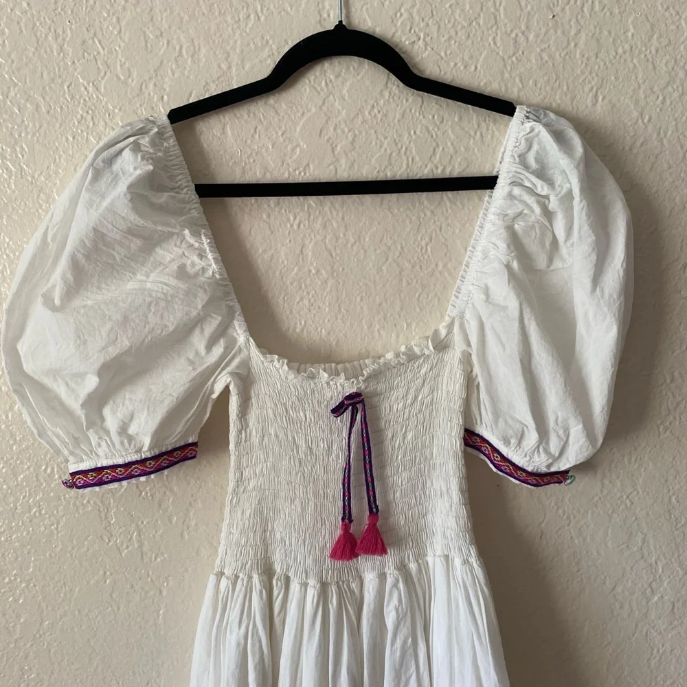 Pitusa Peruvian Cotton Taylor Maxi Dress Size S White Pink Tassels Milk-Maid